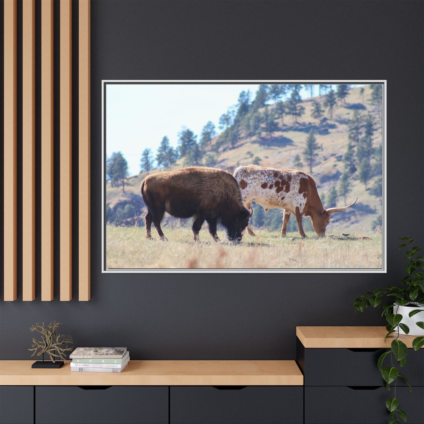 Long Horn and Buffalo Framed Canvas