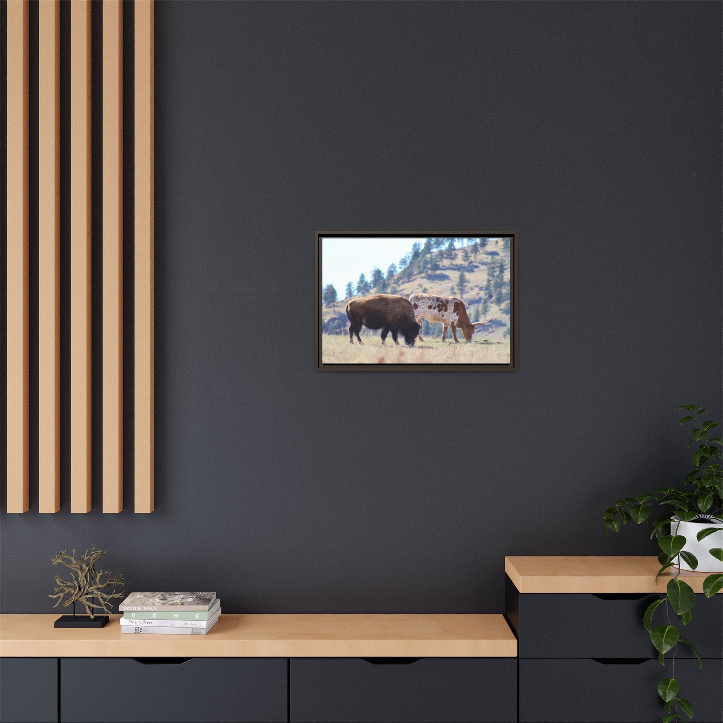 Long Horn and Buffalo Framed Canvas