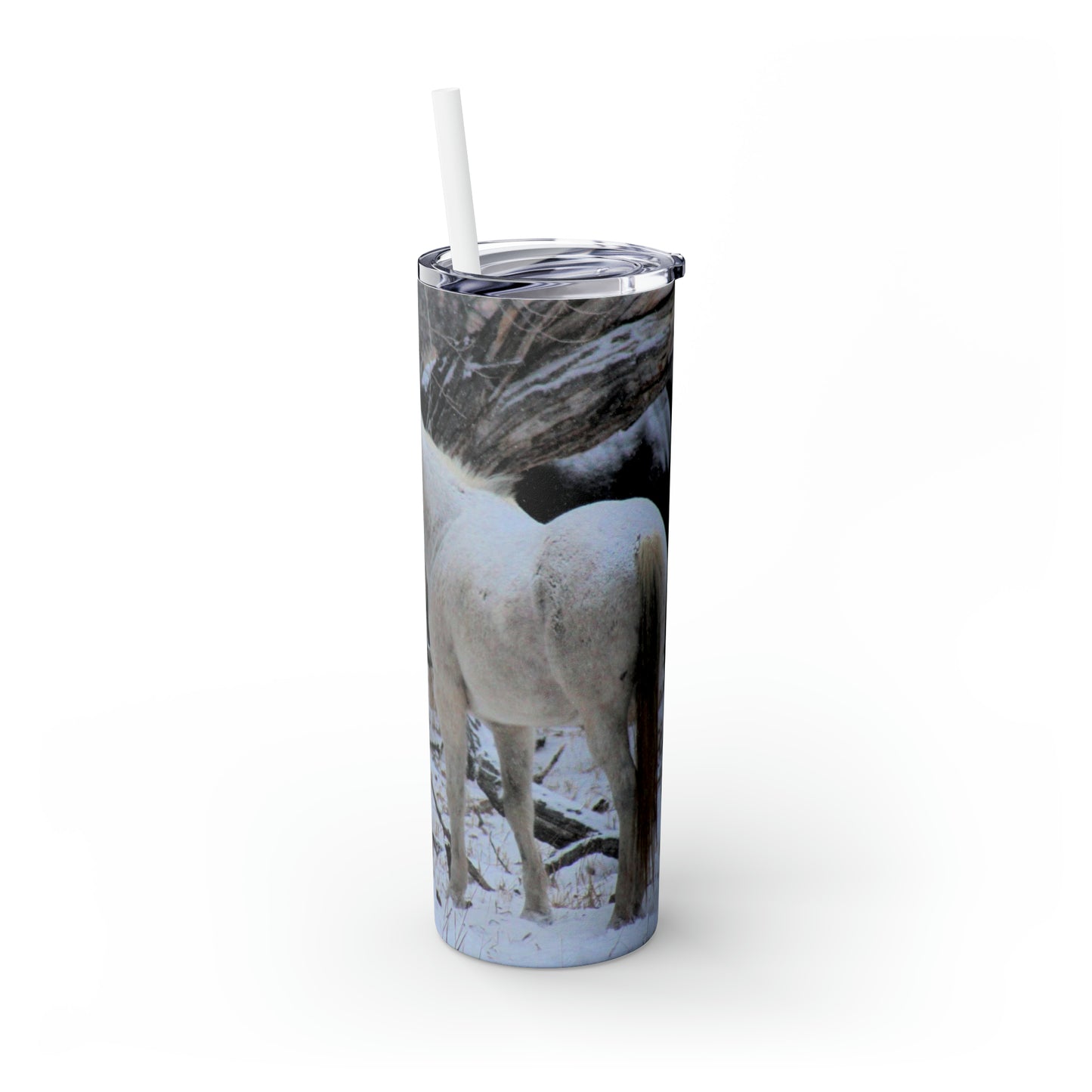 Winter White Horse Skinny Tumbler with Straw, 20oz