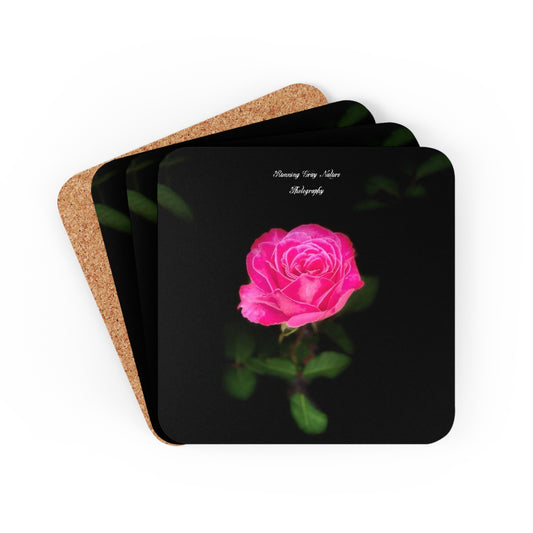 A pink Peace Rose Corkwood Coaster Set