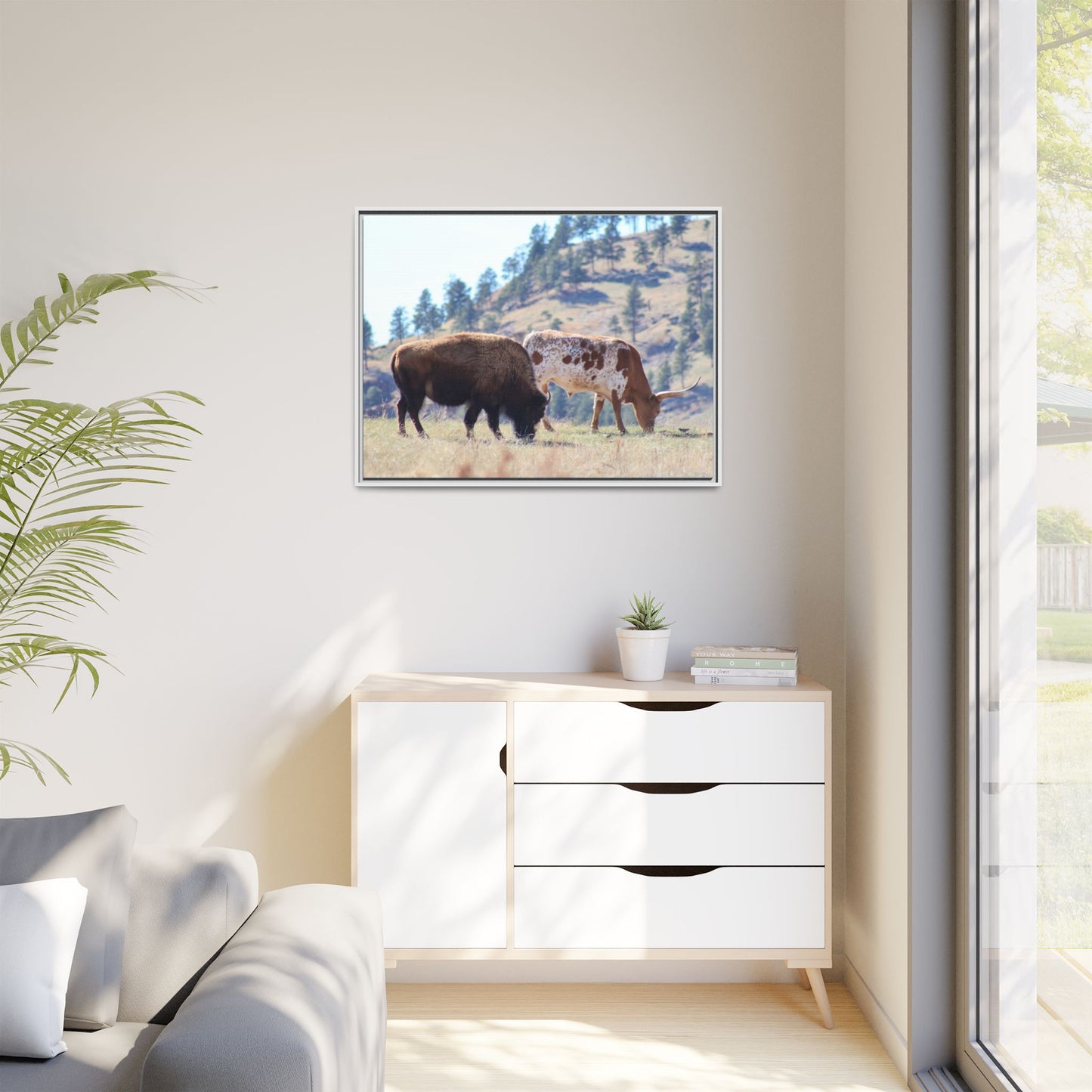 Long Horn and Buffalo Framed Canvas
