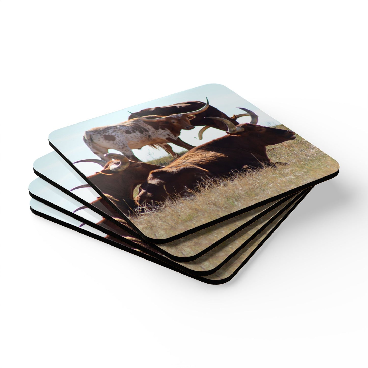 Long Horn Gathering Corkwood Coaster Set