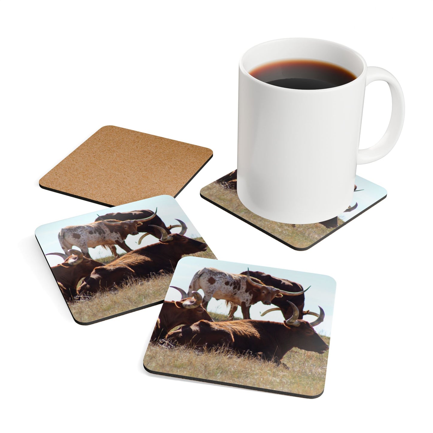 Long Horn Gathering Corkwood Coaster Set