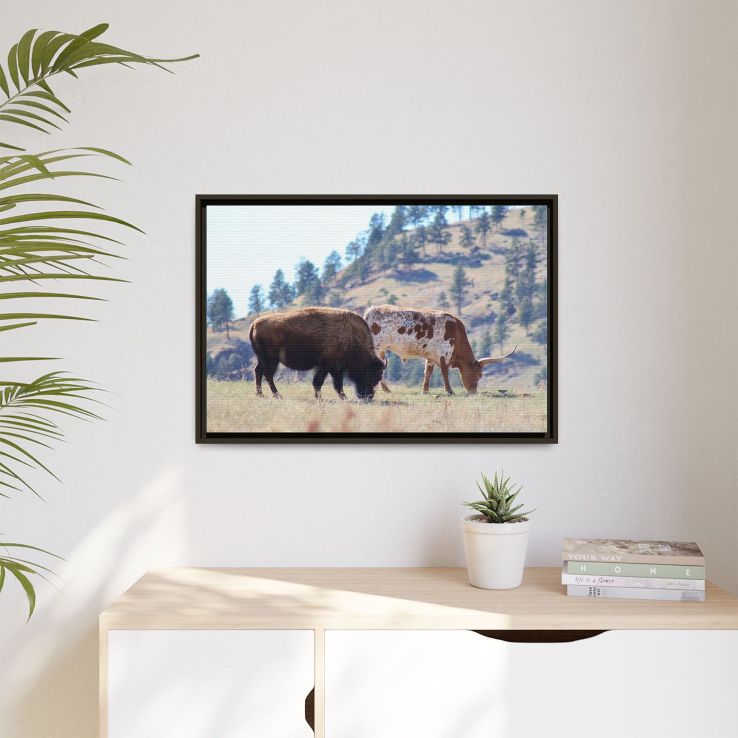 Long Horn and Buffalo Framed Canvas