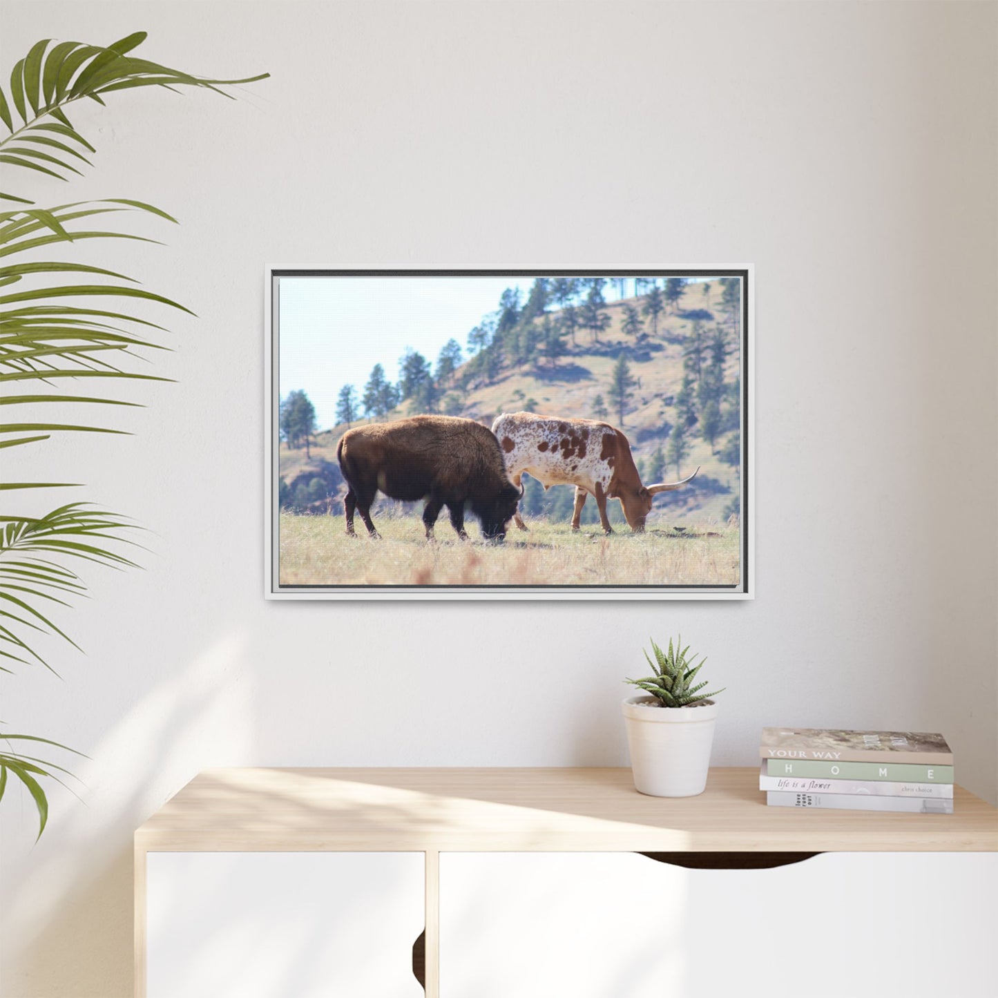 Long Horn and Buffalo Framed Canvas