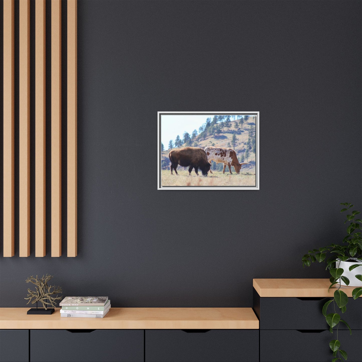 Long Horn and Buffalo Framed Canvas