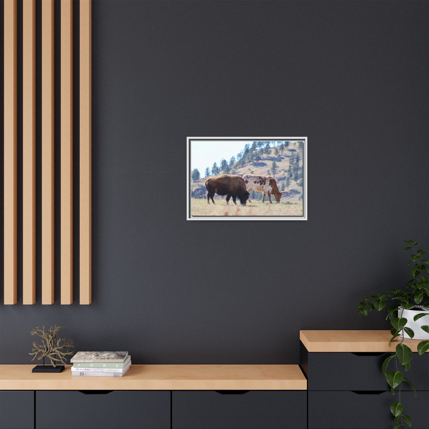 Long Horn and Buffalo Framed Canvas