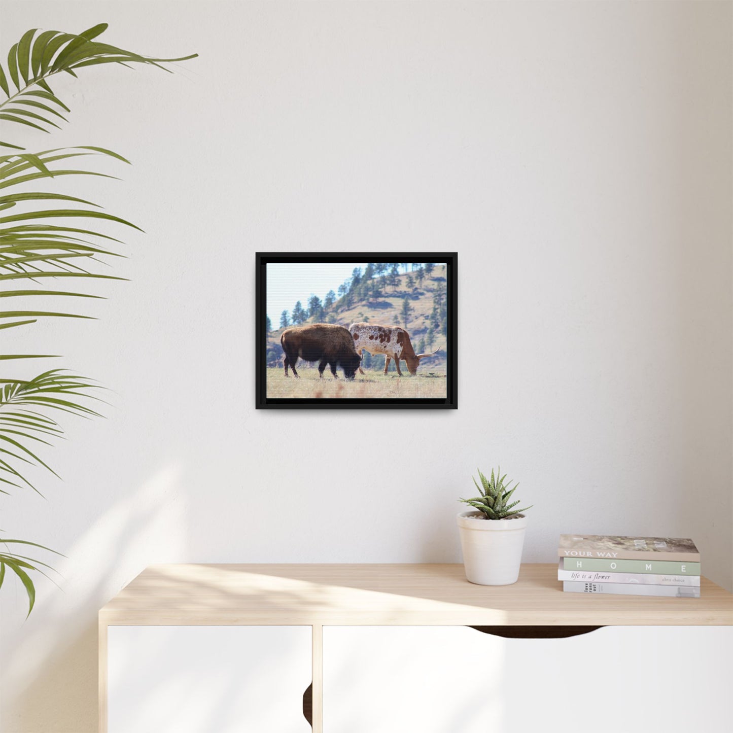 Long Horn and Buffalo Framed Canvas