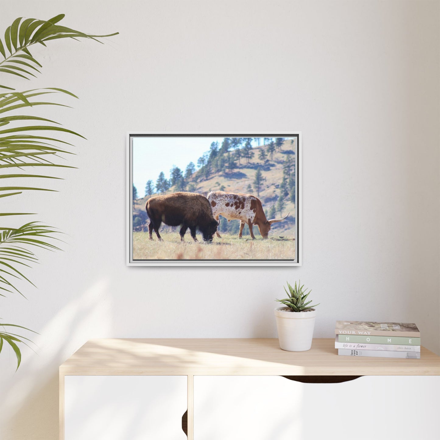 Long Horn and Buffalo Framed Canvas