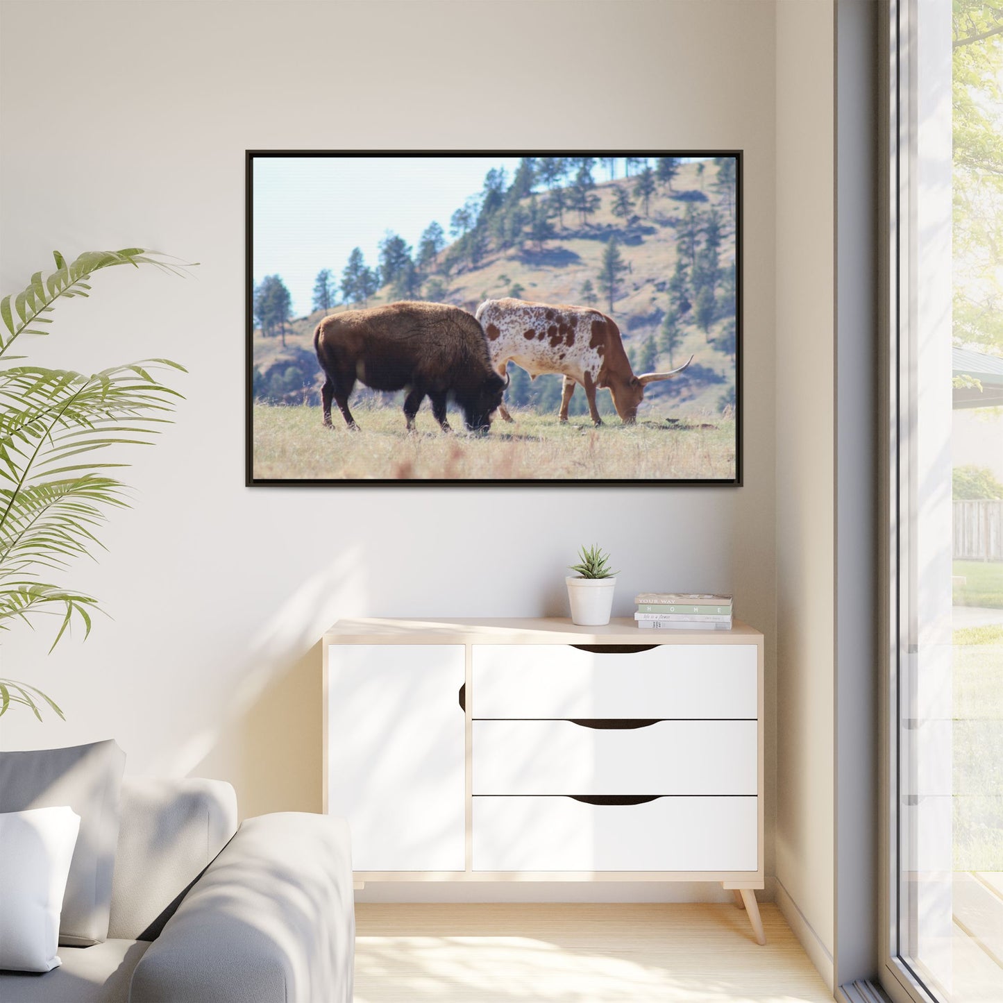 Long Horn and Buffalo Framed Canvas