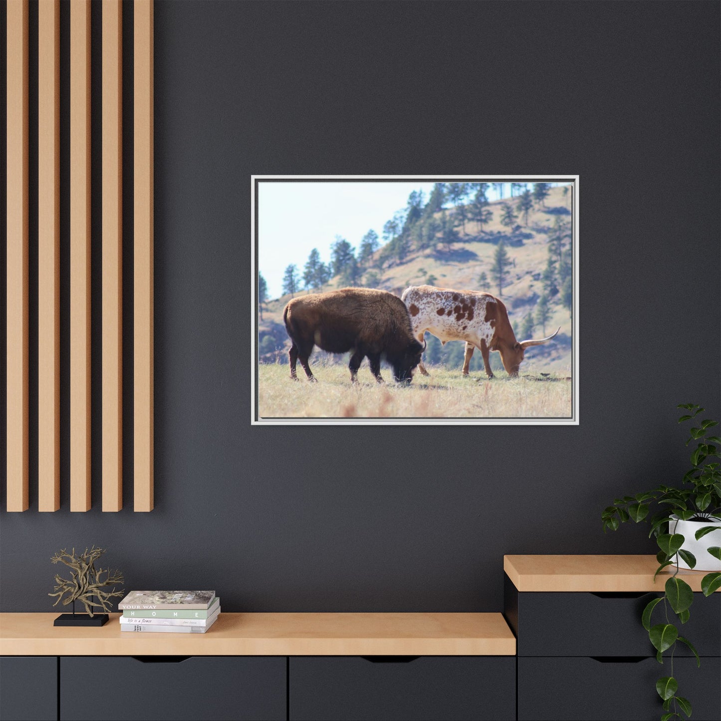 Long Horn and Buffalo Framed Canvas