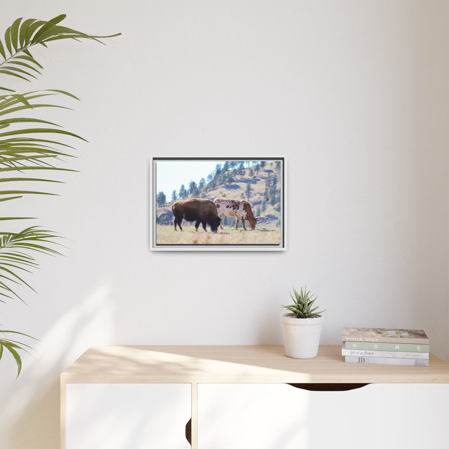 Long Horn and Buffalo Framed Canvas