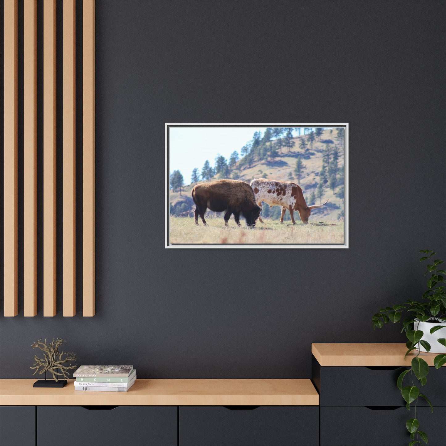 Long Horn and Buffalo Framed Canvas