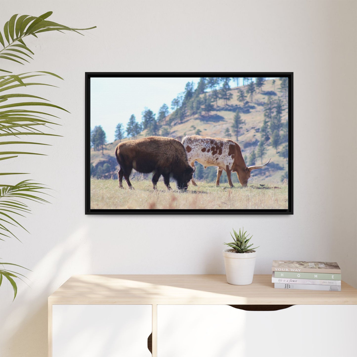 Long Horn and Buffalo Framed Canvas