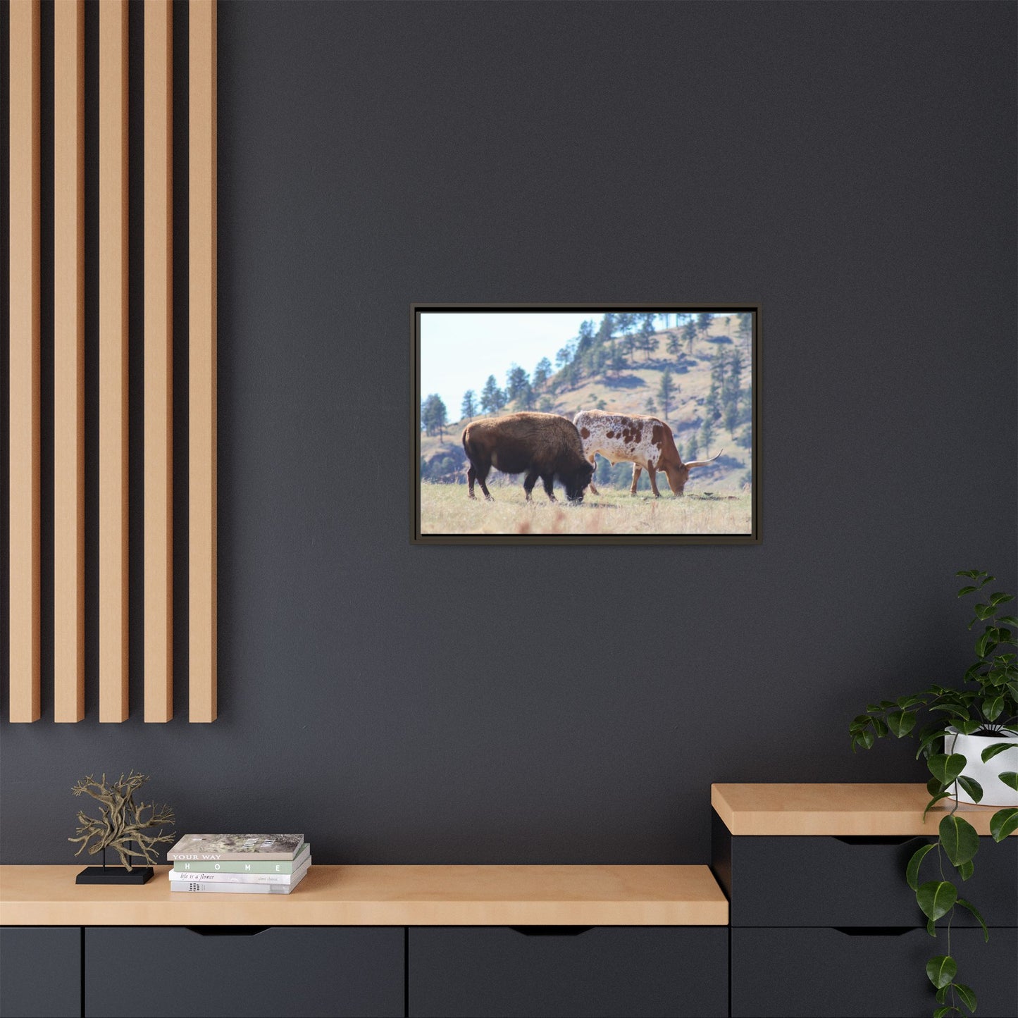Long Horn and Buffalo Framed Canvas