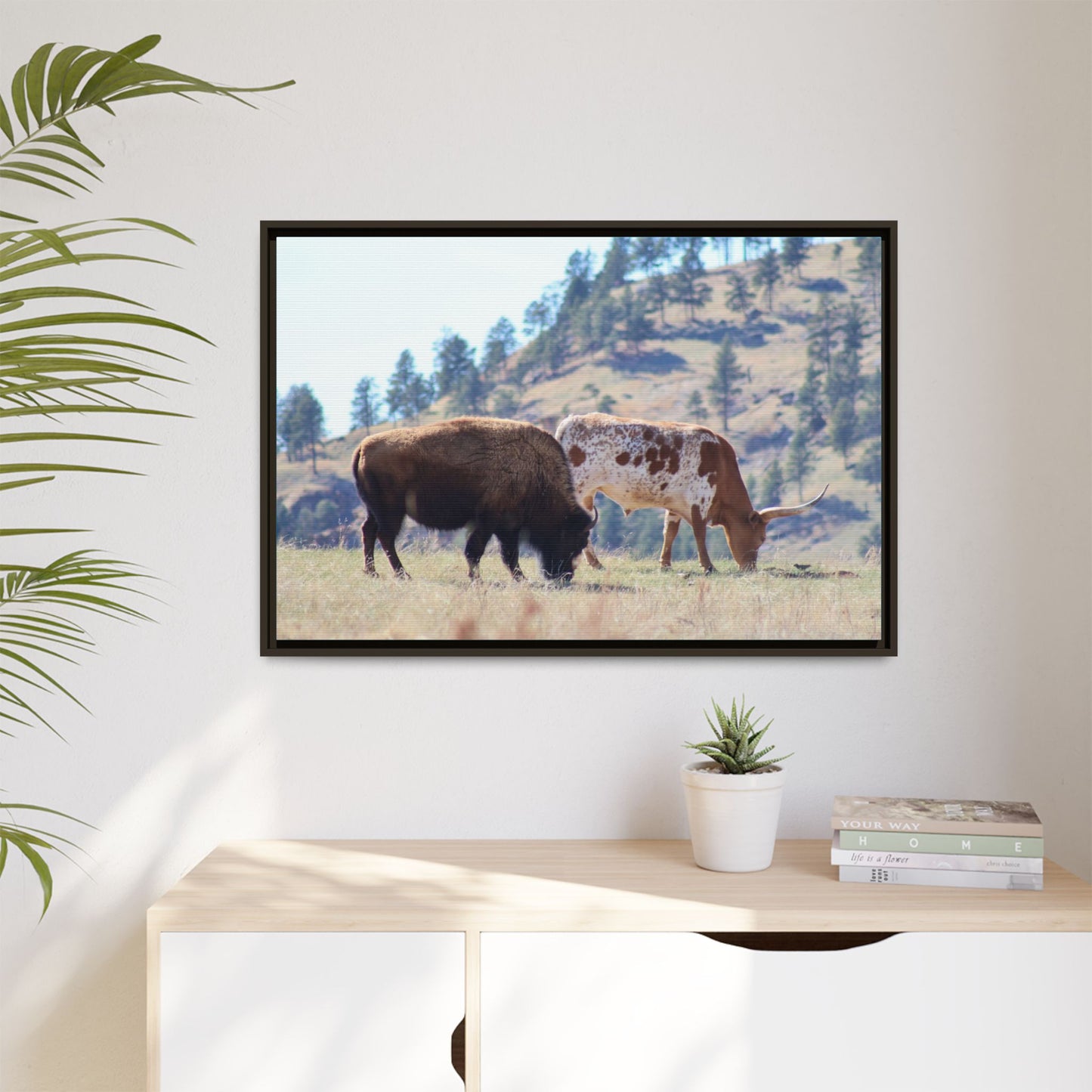 Long Horn and Buffalo Framed Canvas