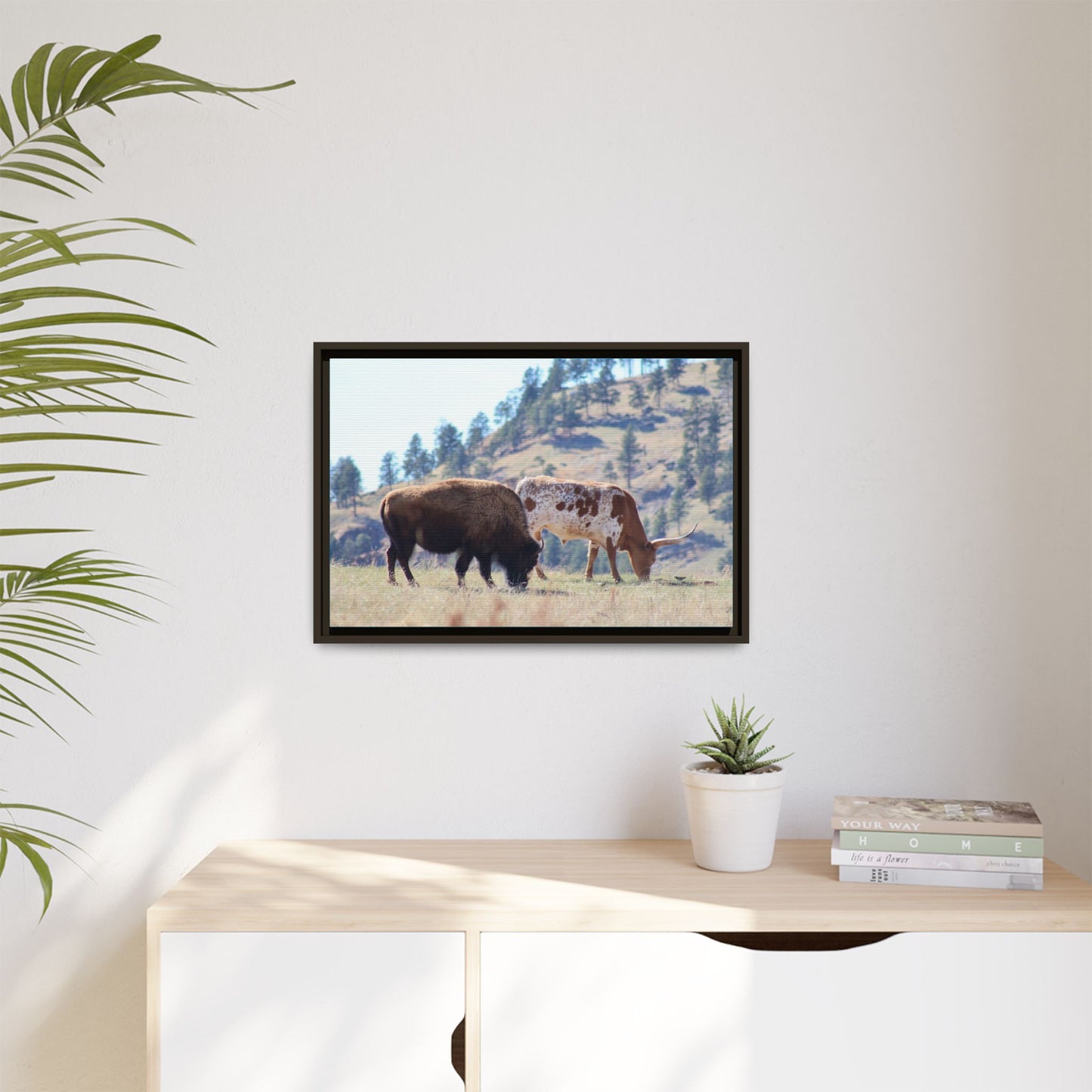 Long Horn and Buffalo Framed Canvas