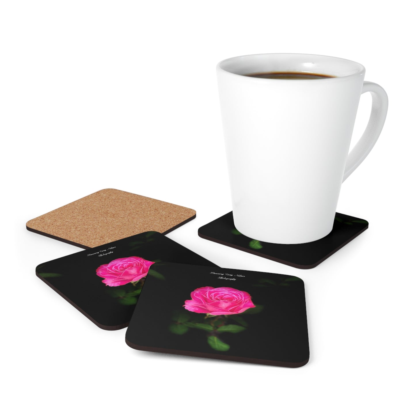 A pink Peace Rose Corkwood Coaster Set