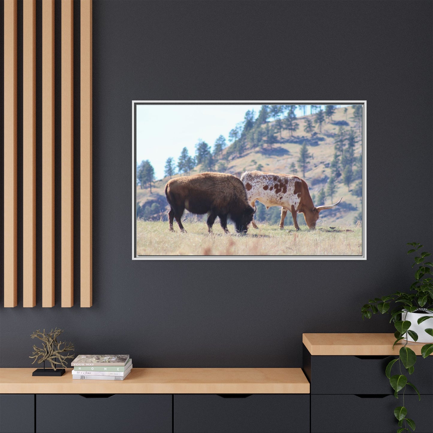 Long Horn and Buffalo Framed Canvas