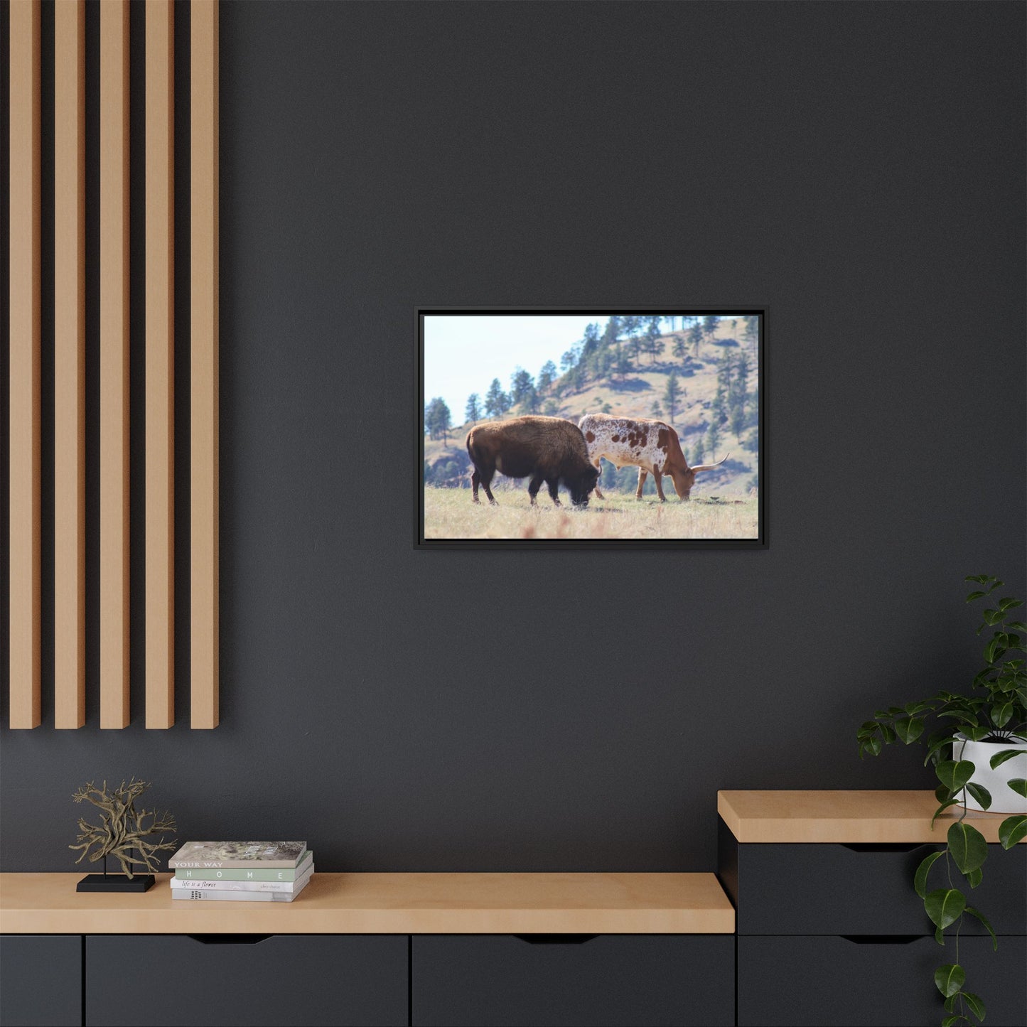 Long Horn and Buffalo Framed Canvas