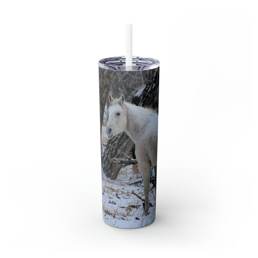 Winter White Horse Skinny Tumbler with Straw, 20oz