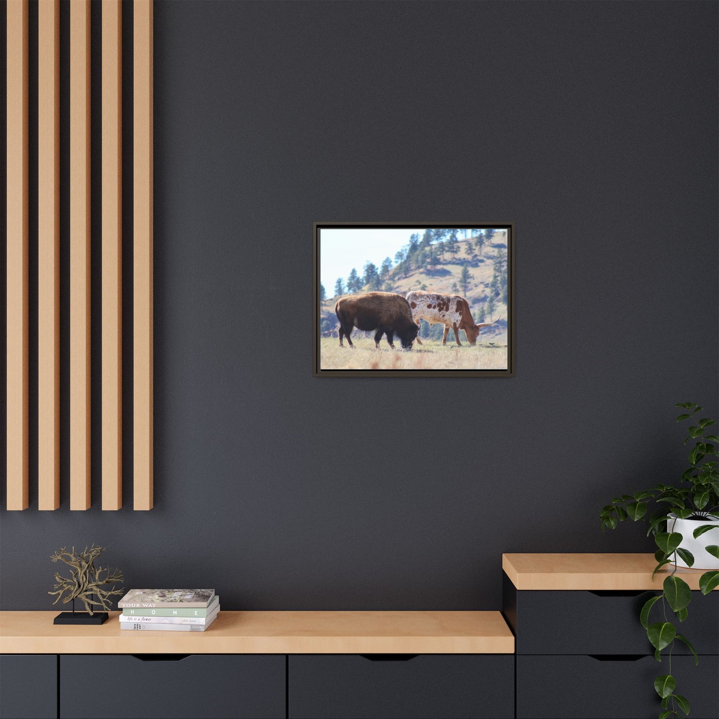 Long Horn and Buffalo Framed Canvas