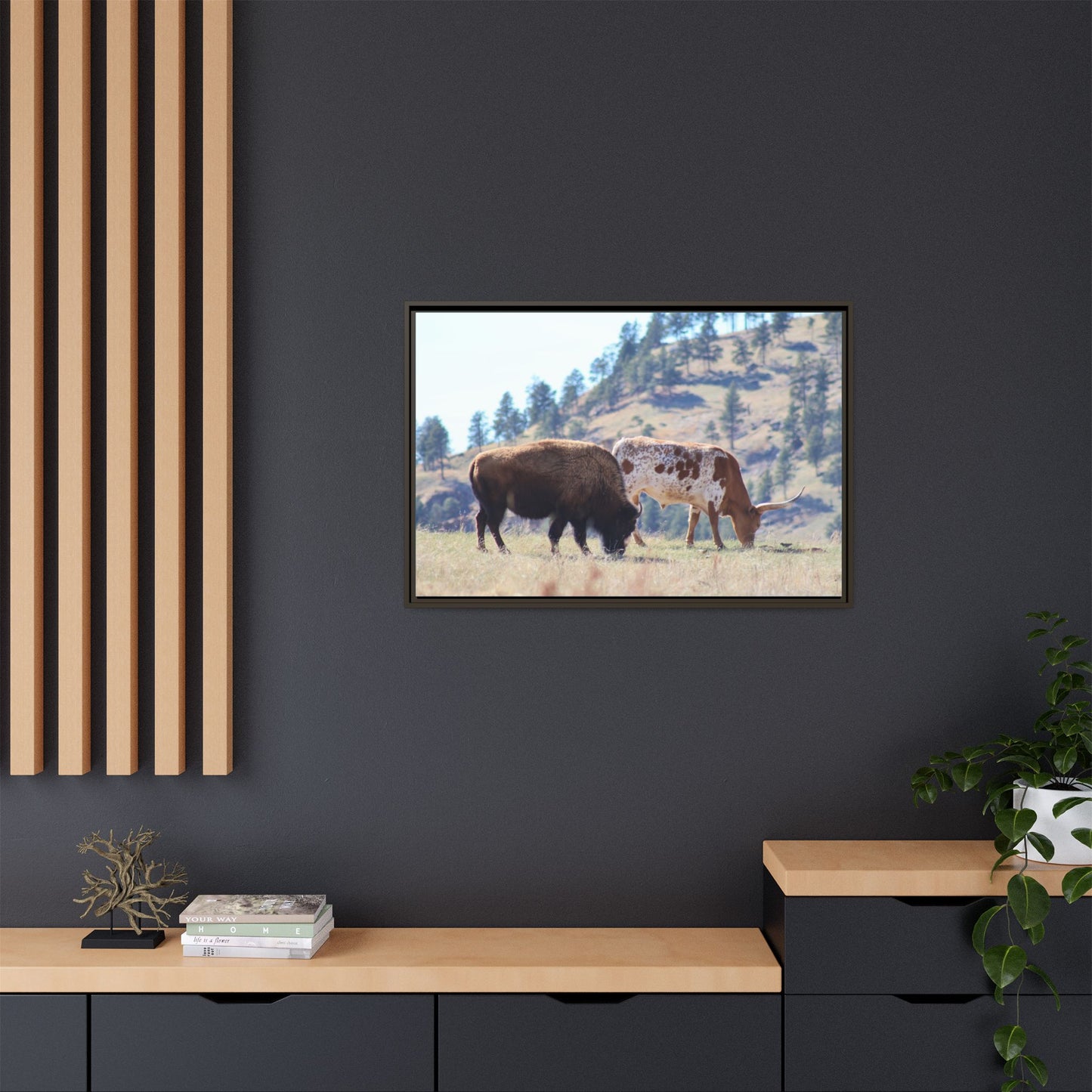 Long Horn and Buffalo Framed Canvas