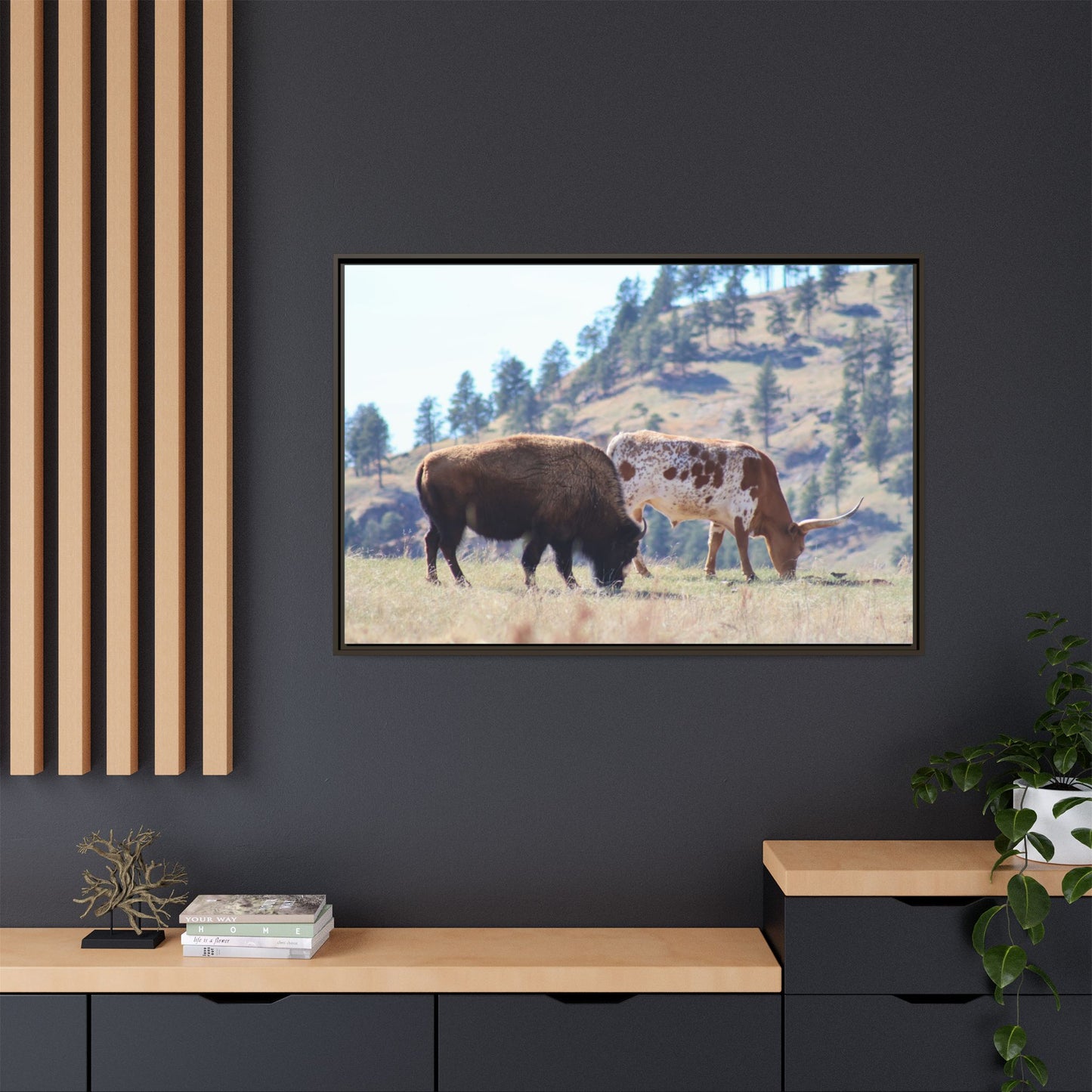 Long Horn and Buffalo Framed Canvas