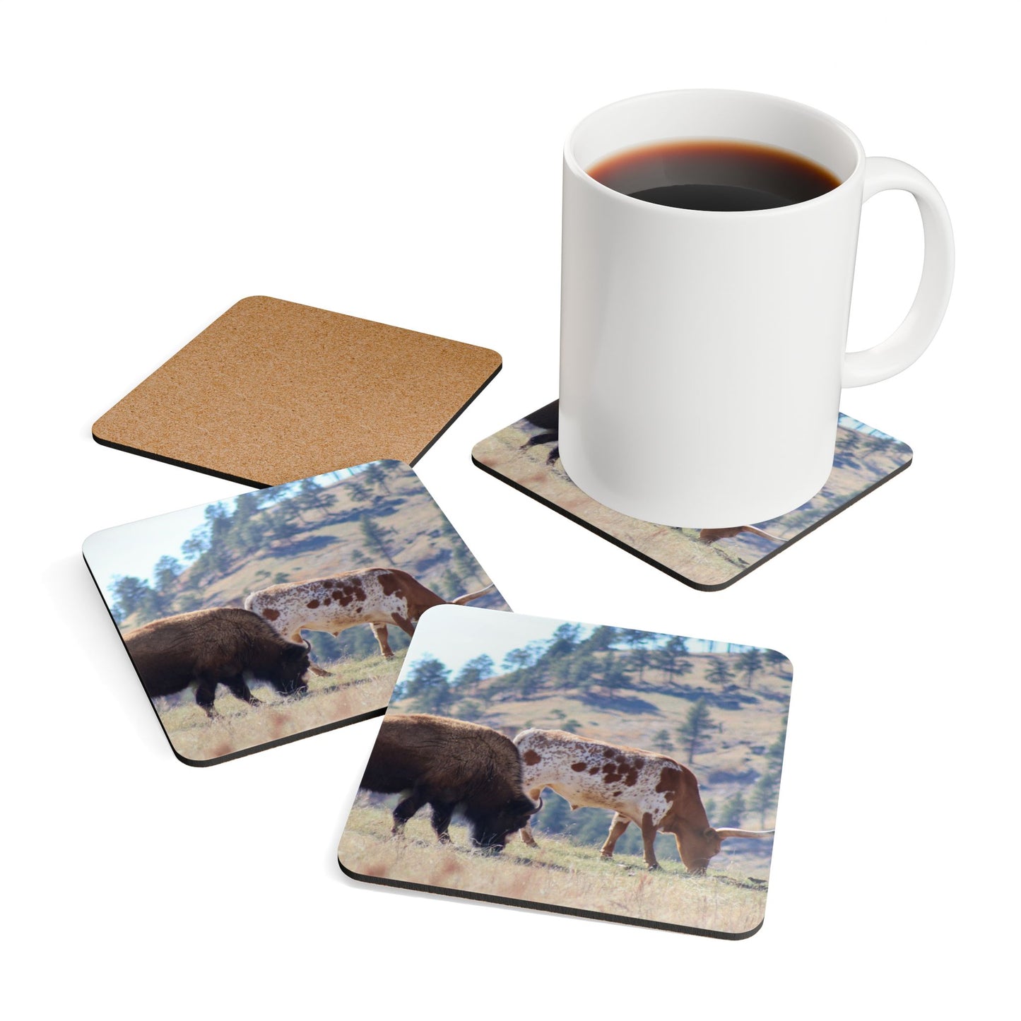 Buffalo and Long Horn Corkwood Coaster Set