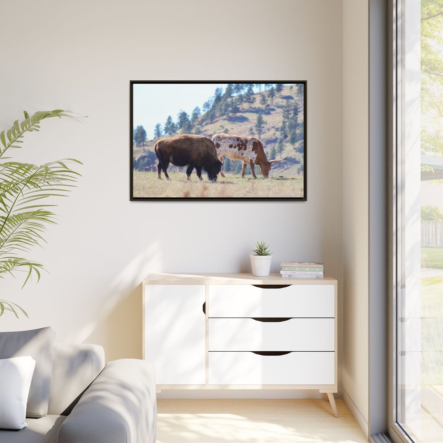 Long Horn and Buffalo Framed Canvas