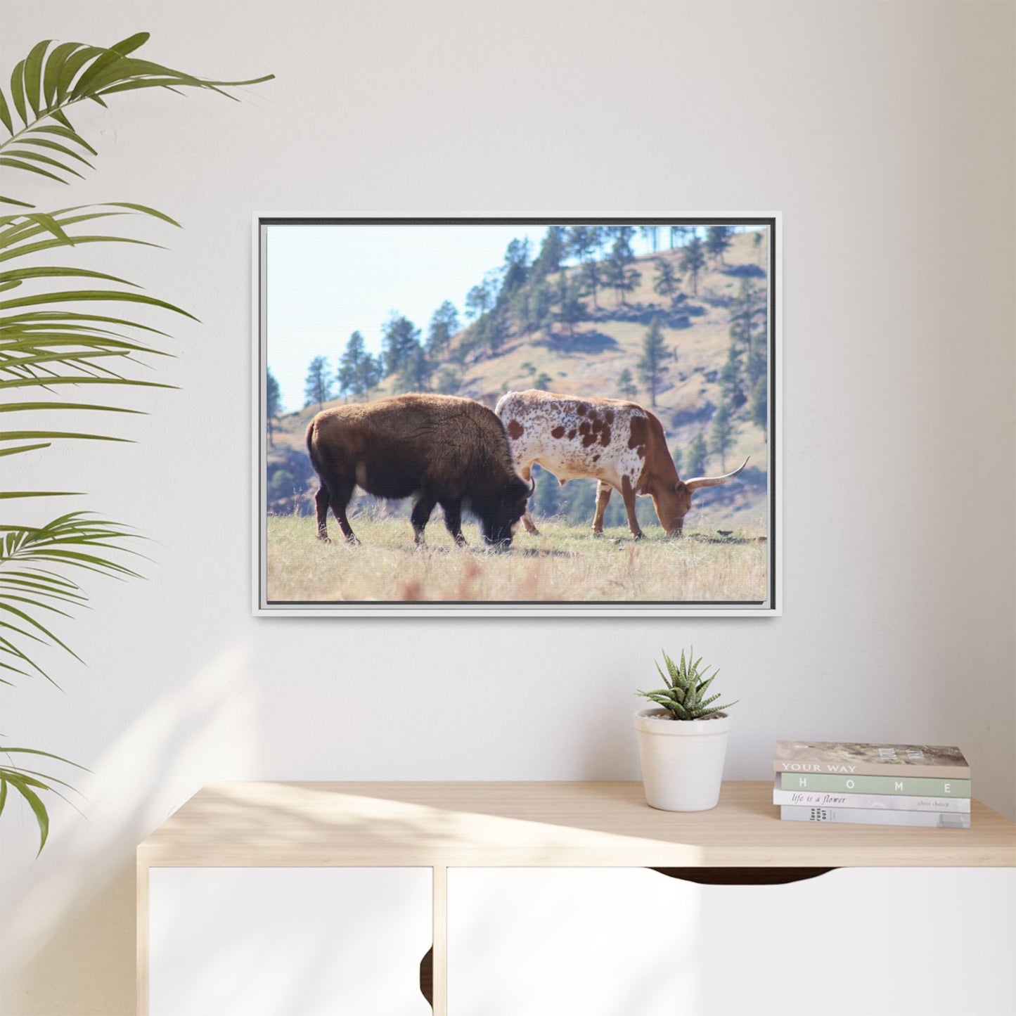Long Horn and Buffalo Framed Canvas