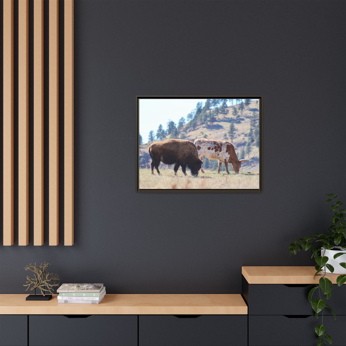 Long Horn and Buffalo Framed Canvas