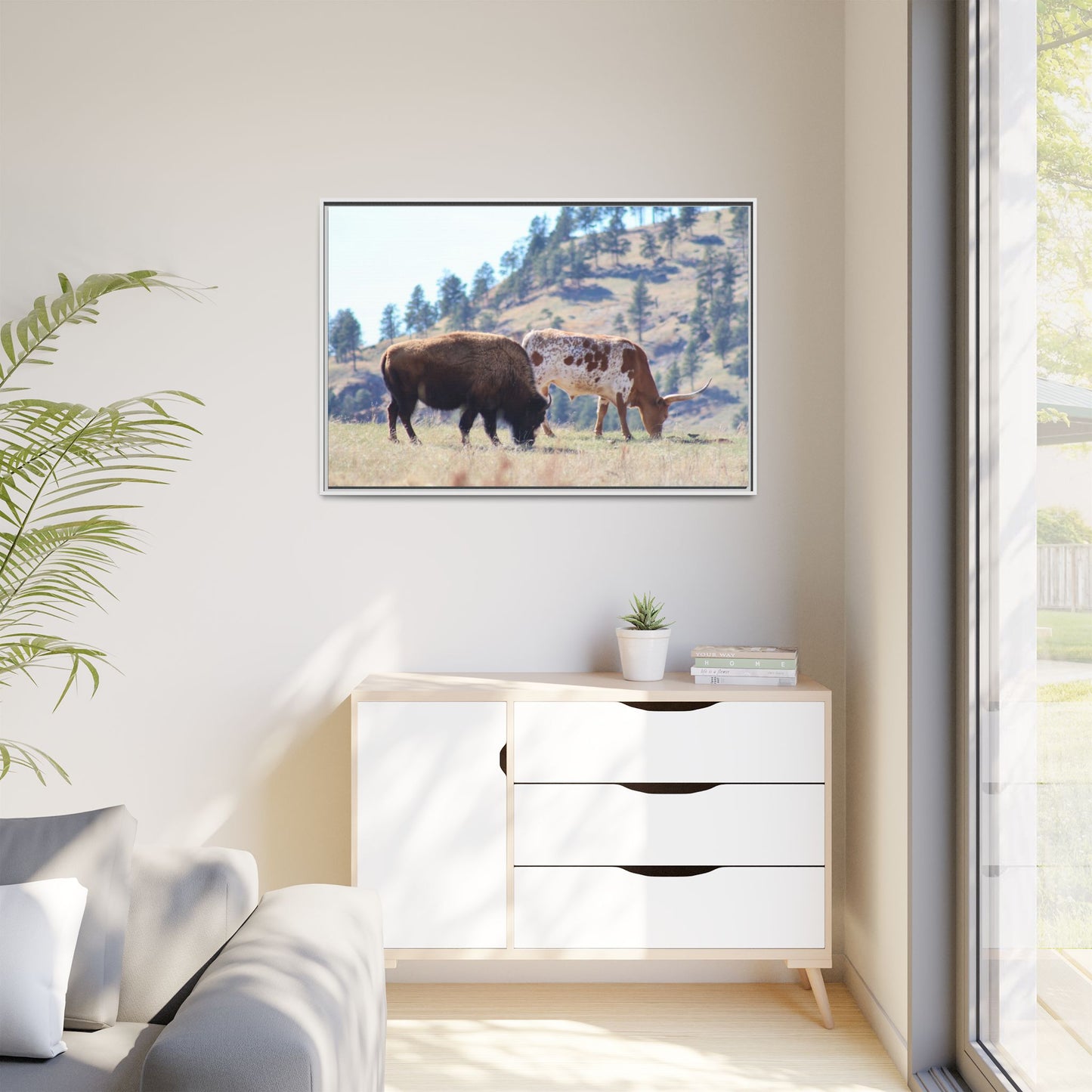 Long Horn and Buffalo Framed Canvas