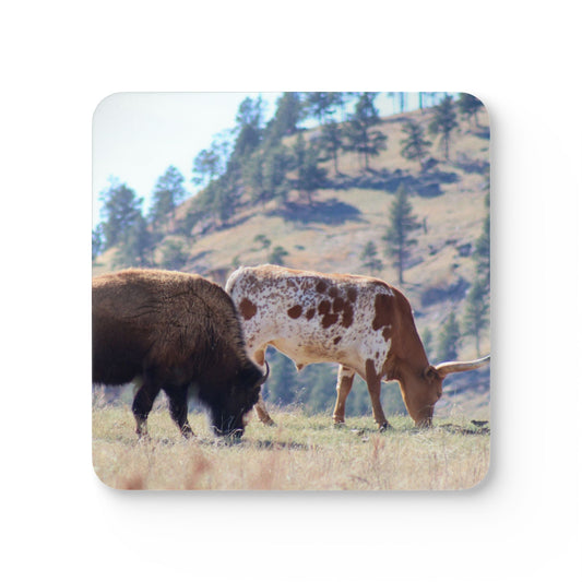 Buffalo and Long Horn Corkwood Coaster Set