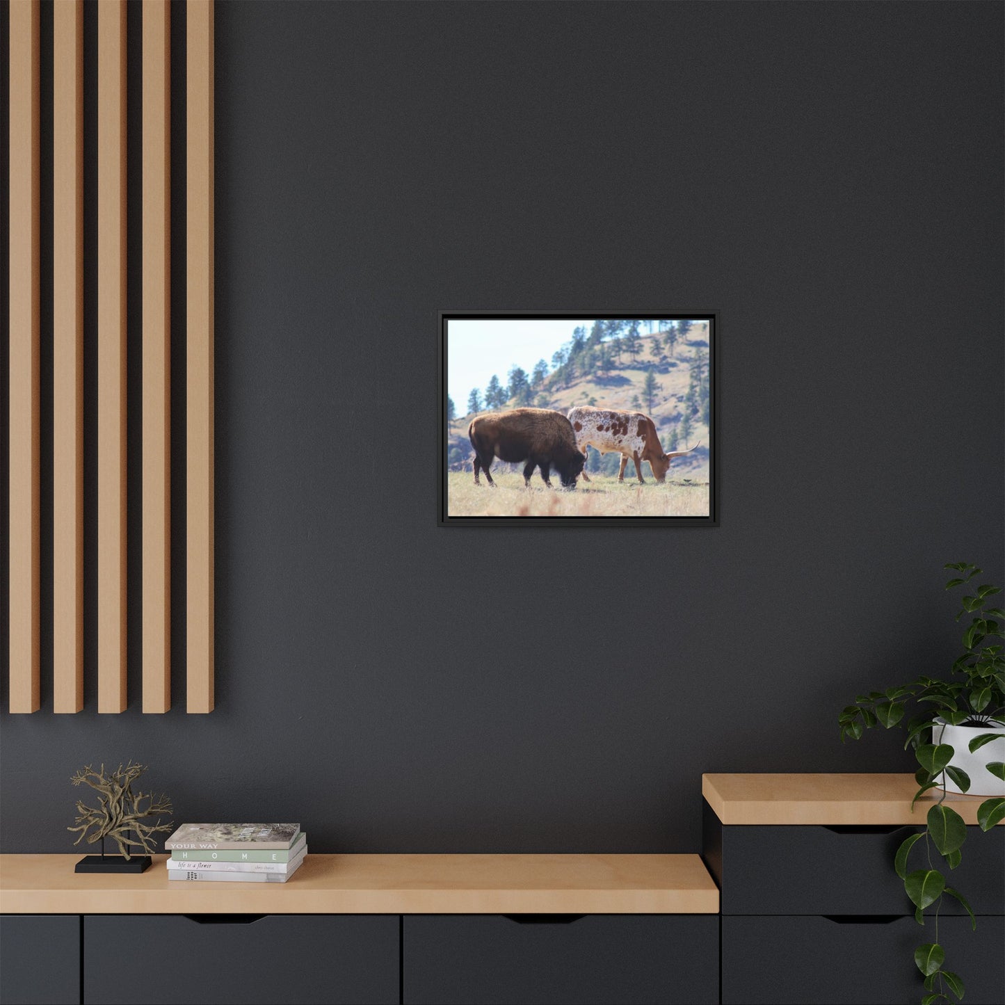 Long Horn and Buffalo Framed Canvas