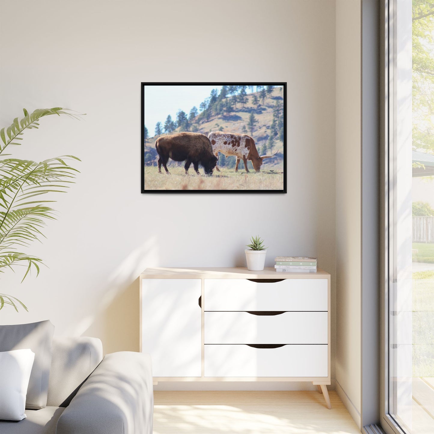 Long Horn and Buffalo Framed Canvas