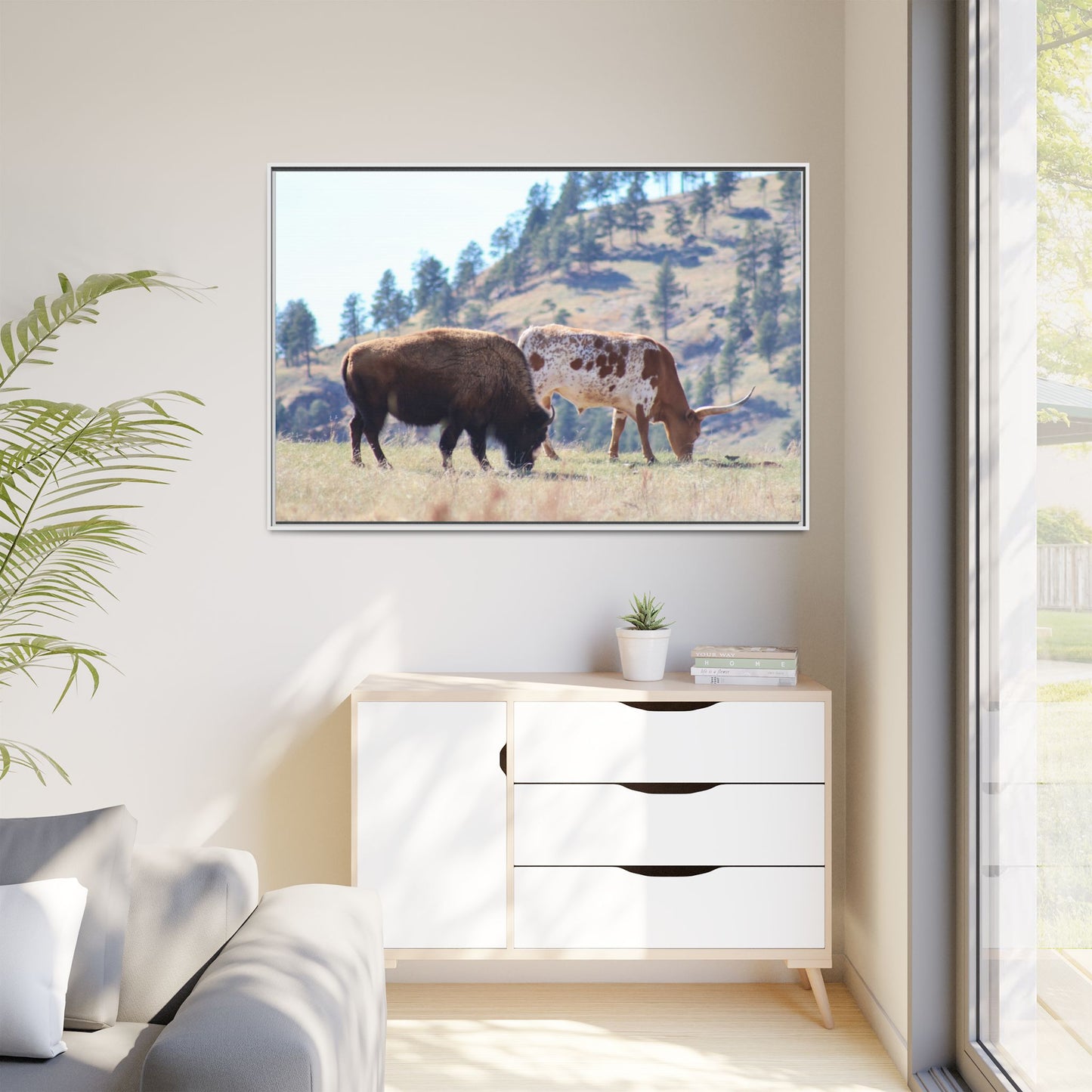 Long Horn and Buffalo Framed Canvas