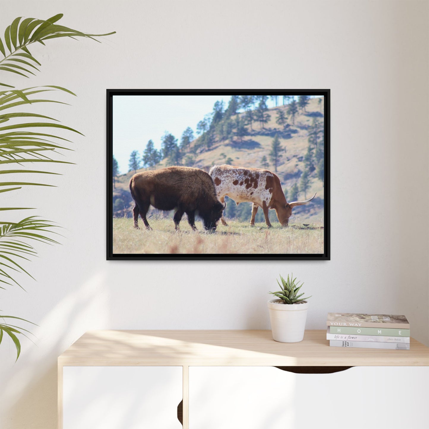 Long Horn and Buffalo Framed Canvas