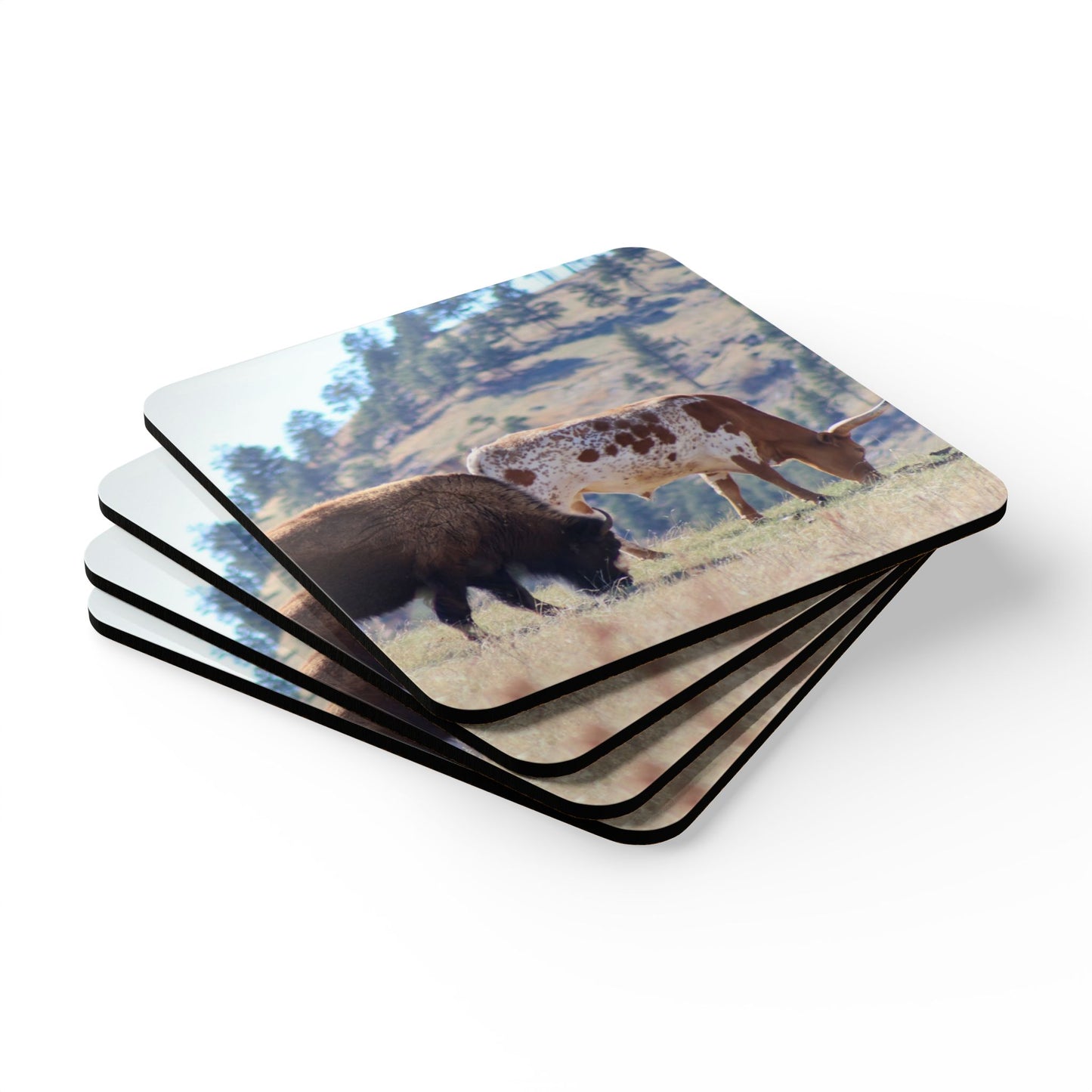 Buffalo and Long Horn Corkwood Coaster Set