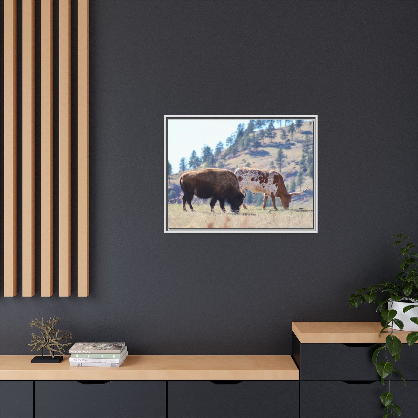Long Horn and Buffalo Framed Canvas