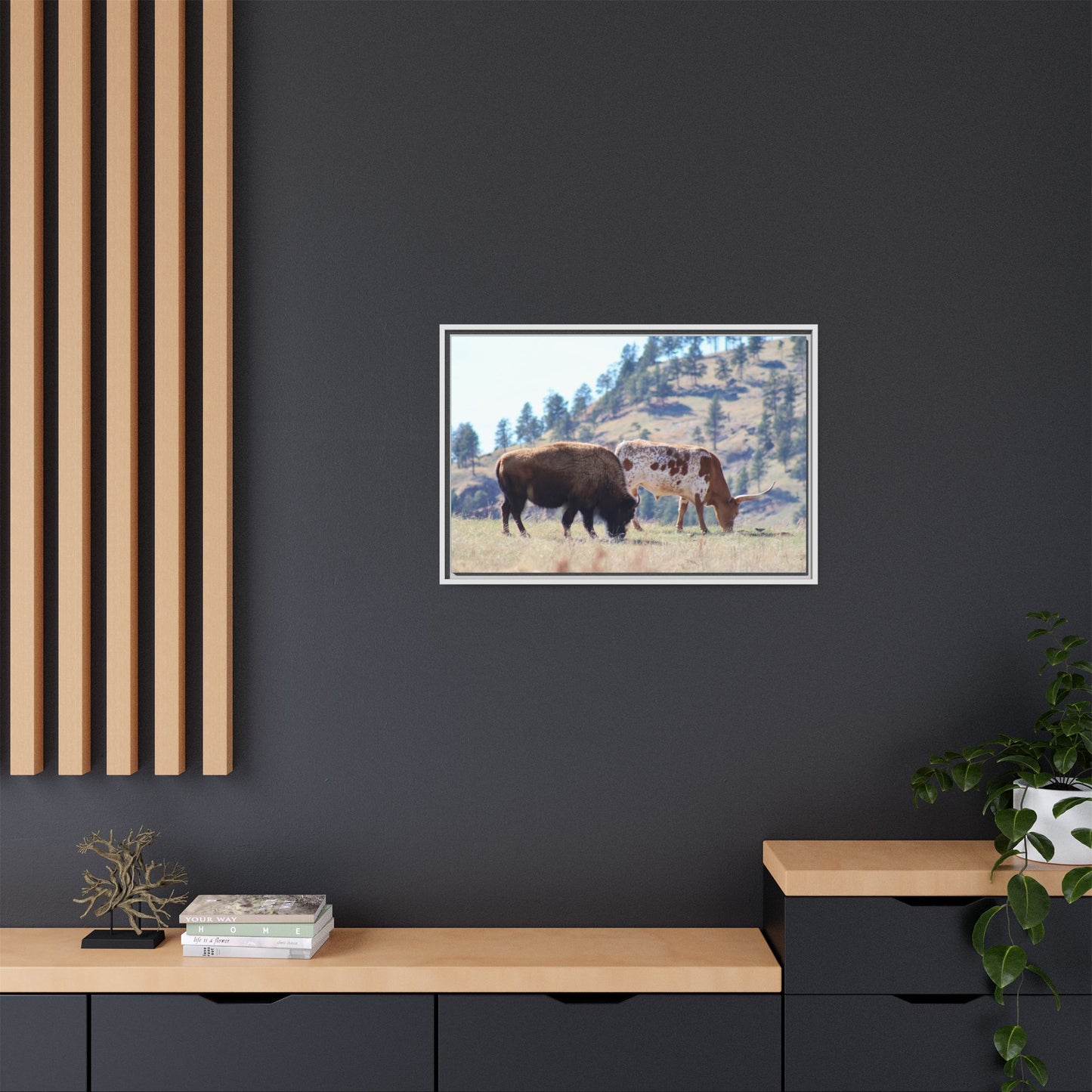 Long Horn and Buffalo Framed Canvas