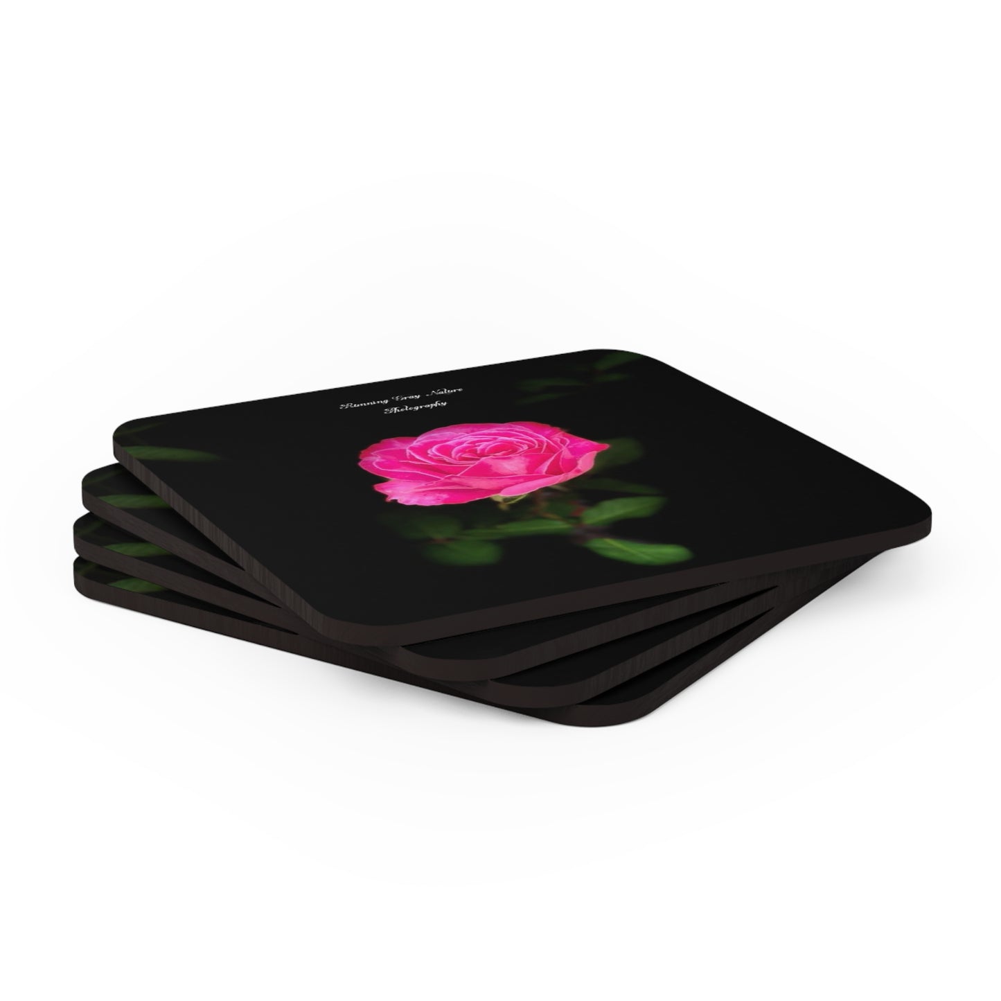 A pink Peace Rose Corkwood Coaster Set