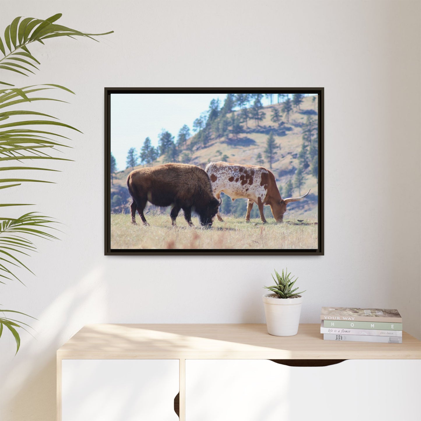 Long Horn and Buffalo Framed Canvas